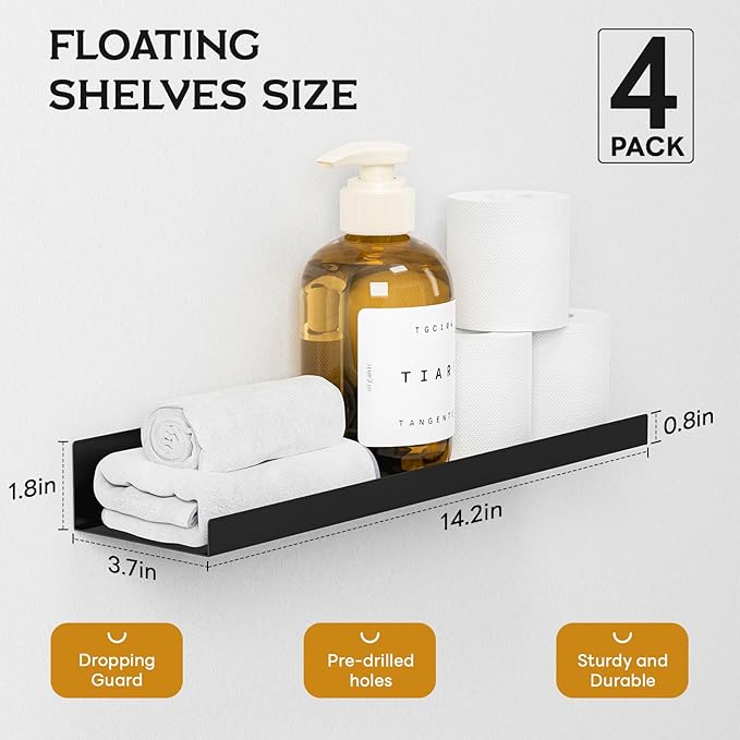 4 Pack Floating Shelves for Wall Storage, Metal Black Hanging Shelves for Living Room/Kitchen/Bedroom/Bathroom Decor, Set of 4 Organizer for Display, Perfume & Book Shelf Wall Mounted