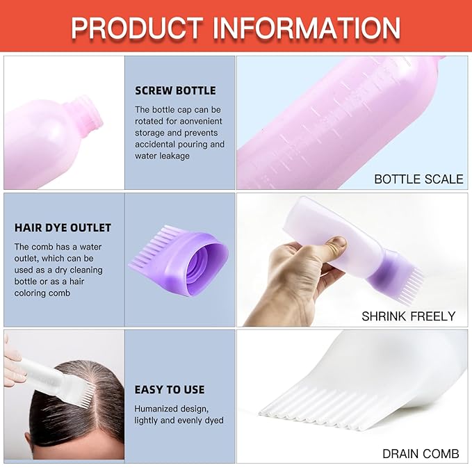 6 Ounce Root Comb Applicator Bottle, 2 Pack, Pink - Hair Oil Applicator, Hair Dye Applicator, Travel, School