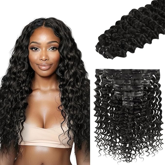 Lashey Clip in Hair Extensions 110g 7pcs Deep Wave Seamless Clip in Hair Extensions Human Hair 14 Inch Natual Black Thick Human Hair Clip ins Extensions for Women