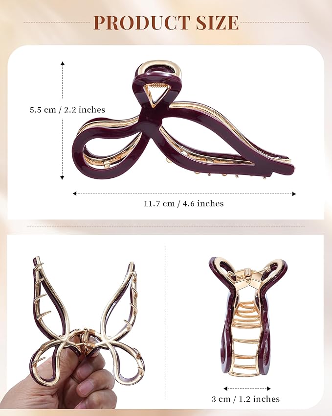 ACECHA 2 Pack Gold Metal Bow Hair Claw Clips for Women, 4.5" Colorful Non-slip Hairclips for Thick Thin Hair Claws Strong Hold Styling (Solid Color)