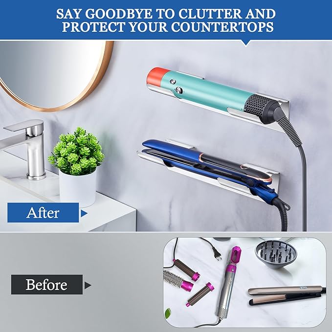 2 PCS Wall Mount Curling Iron Holder and Hair Tool Organizer with Adhesive, Multifunctional Hot Flat Iron and Hair Straightener Holder Storage Stand for Vanity, Cabinet and Wall, Silver