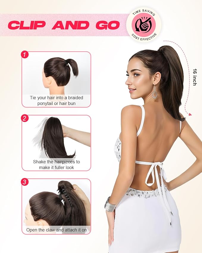 Ponytail Extension – 16” Claw Clip in Ponytail Hair Extensions Natural Soft Synthetic High Pony Tail Hairpieces for Women (Dirty Blonde, 16 inch)