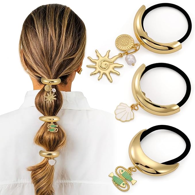 3PCS Gold Hair Ties, Metal Hair Ties for Thick Hair, Elegant Durable Geometric Design, Gold Hair Accessories with Charm Stretchy and Non-Damage Ponytail Cuff Holders, 3 Styles in Box Holiday Gifts