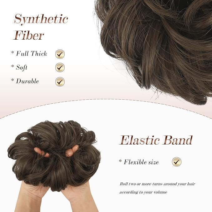 FESHFEN Messy Bun Hair Piece - Elastic Wavy Curly Hair Bun Scrunchies Extensions Synthetic Chignon Hairpieces for Women Girls, Medium Brown 1.5 oz