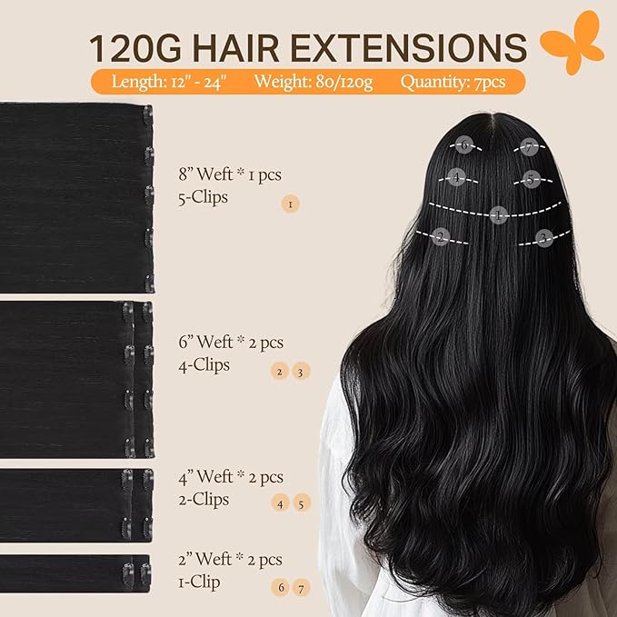 DOORES Clip in Human Hair Extensions Jet Black 16 Inch 7pcs 120g Real Hair Extensions Clip in Straight Natural Hair Extensions Clip in Remy Extensions