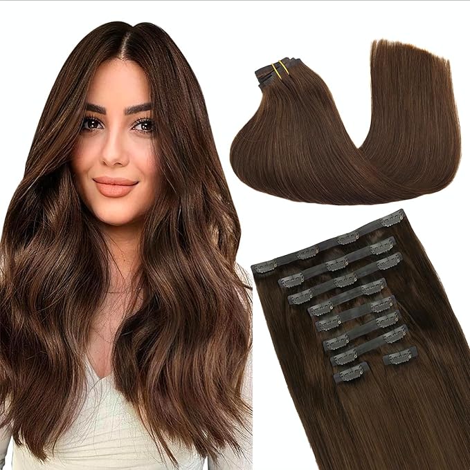 GOO GOO Clip in Hair Extensions Real Human Hair, Remy Human Hair Extensions Clip ins for Women, Natural Human Hair, 16inch 160g 9Pcs, #4A Chocolate Brown