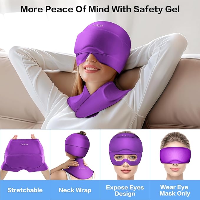 3 in 1 Migraine Relief Cap Neck Ice Pack Wrap Gel and Ice Eye Masks, Detachable Ice Caps with Eyes Masks, Hot and Cold Therapy for Relief of Headaches, Stiff Neck and Eye Fatigue (Purple)