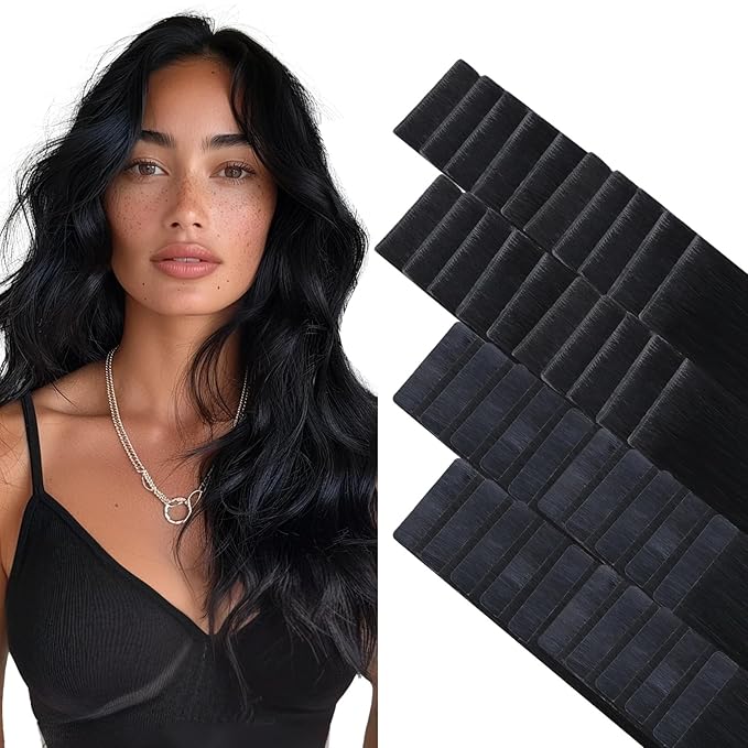 GOO GOO Invisi Edge Tape in Hair Extensions Human Hair, 1 Jet black 20pcs injected with 20pcs classical tape ins, 22inch 100g, Virgin Remy Hair, Natural Look