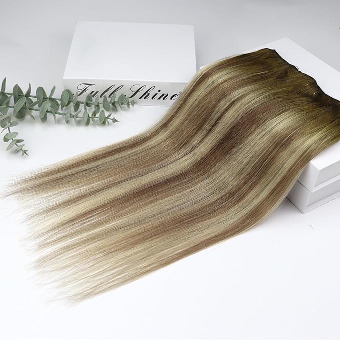 Full Shine Clip in Hair Extensions Human Hair Ombre Hair Extensions Clip Ins Medium Brown Ombre to Light Brown and Blonde Real Hair Extensions Clip Ins 12 Inch for Short Hair 3 PCS 60 G