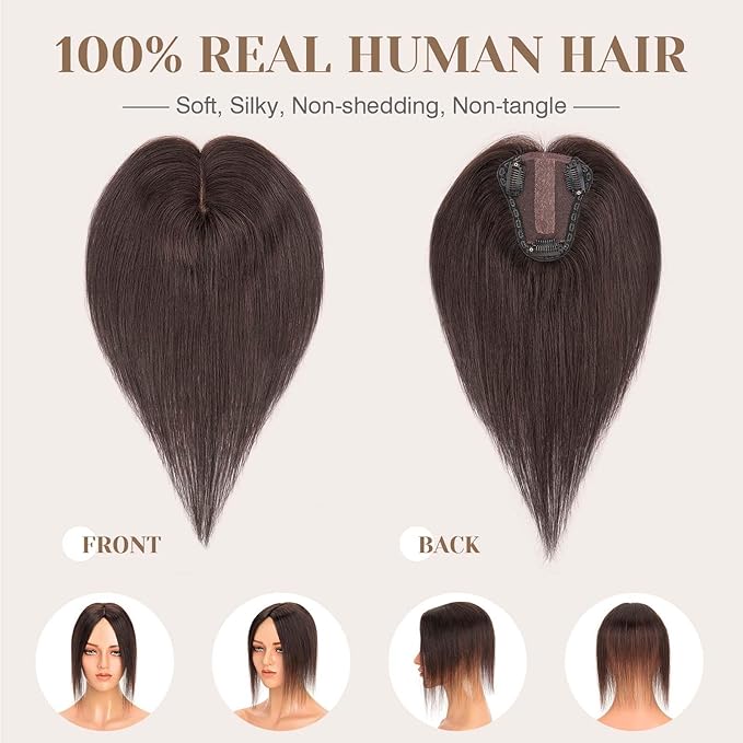 S-noilite Hair Toppers for Women Real Human Hair 3D 360° Cover Clip in 100% Real Human Hair Toppers 3″*4″ Clip in Silk Base 10 inch Natural Dark Brown