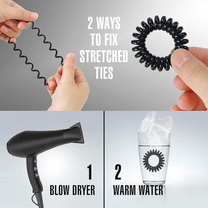 TailaiMei 30 Pcs Spiral Hair Ties, No Crease Coil Phone Cord Hair Ties for Thick Hair - Women Ponytail Holder Elastics(Black&Transparent)