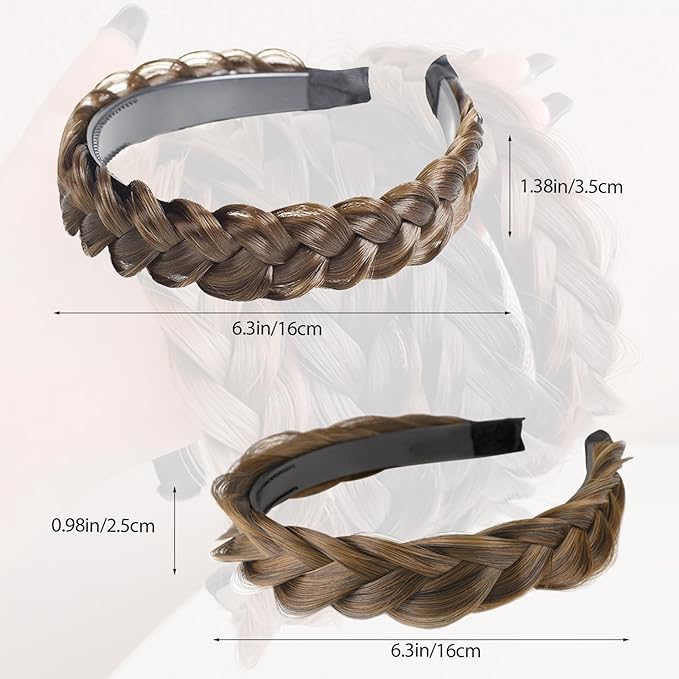 2PC Braided Headband with Tooth – Wide Faux Hair Braid Wig Hairband, Messy Fishbone & Geflochten Haarband Shape – for Women Fashion Accessories for Oktoberfest, Wedding, Parties, Comb Fit(Light Brown)