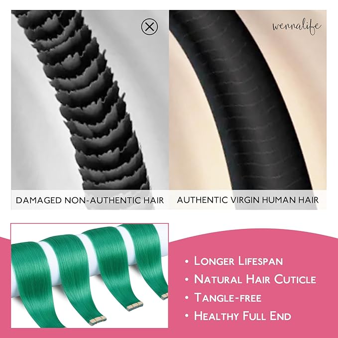 WENNALIFE Green Tape in Hair Extensions, 10pcs 20g 12 inch Remy Invisible Tape Ins Straight Colored Soft Real Human Hair Tape in Extensions Refill Set Extensions