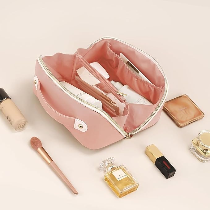 Prite Makeup Bag for Women Travel Waterproof Vegan Leather Cosmetic Bag Open Flat Toiletry Bag With Clear Divider and Handle (Large Pink)
