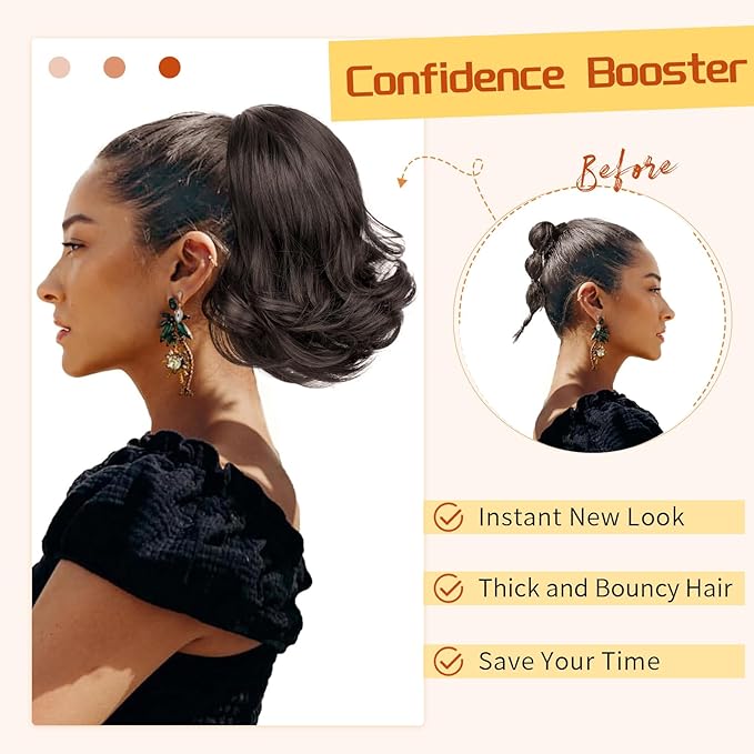KooKaStyle Ponytail Extension, 10" Short Claw Clip in Pony Tails Hair Extensions Curly Wavy Synthetic Drawstring Hairpieces for Women Medium Brown