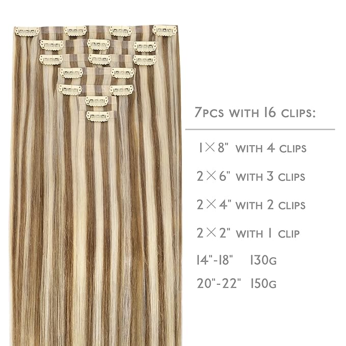 WENNALIFE Seamless Clip In Hair Extensions, 16 Inch 7pcs 130g Ash Brown with Platinum Blonde Highlights Hair Extensions Clip In Real Human Hair Extensions Invisible PU Weft Hair