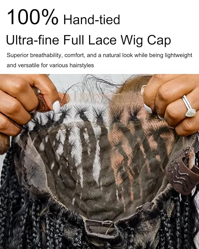 Human Hair Boho Curls Hand-Tied HD Full Lace Wig - 24" Salon-Level Small Box Synthetic Braids (100 Braids, High Density) Pre-Cut Swiss HD Lace, Pre-Plucked, Knotless, Tangle-Free - Black 1B