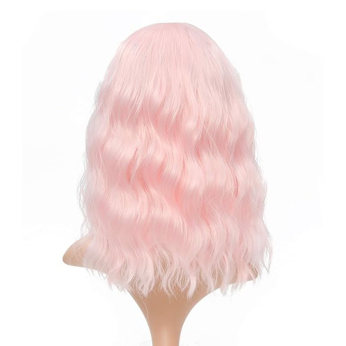 FAELBATY Light Pink Wigs For Women Curly Wavy Synthetic Women Girl's Wig Pure Pastel Cosplay Costume Halloween Wigs (14" Light Pink)