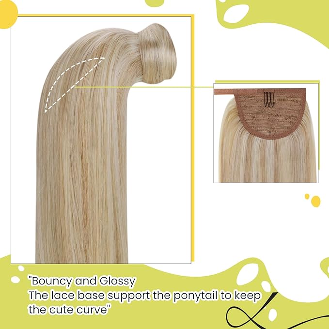 RUNATURE Ponytail Extension Human Hair Blonde, Real Human Hair Ponytail, Wrap Around Ponytail Hair Extensions Remy Straight Hair 18 Inch 80g #18P613 Ash Blonde Highlight Platinum Blonde
