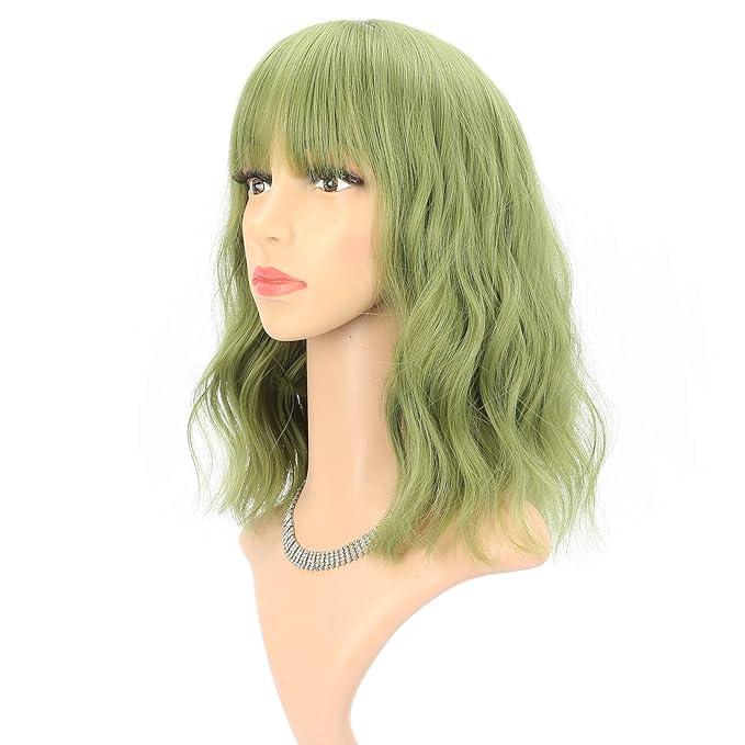 FAELBATY Green Wave Bob Wigs With Bangs Synthetic Cosplay Wig for Girl Shoulder Length Wig for women Costume Wigs(12" Light Jade Green)
