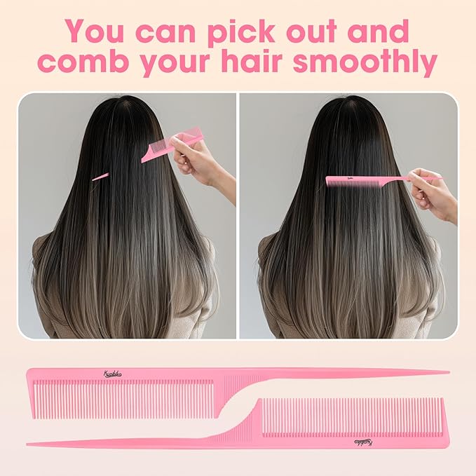 Rat Tail Comb 2Pcs Rat Combs for Women, Fine Tooth Parting Tip Carbon Fiber Root Teasing Anti Static Hair Comb, for Styling （Black,Pink ）