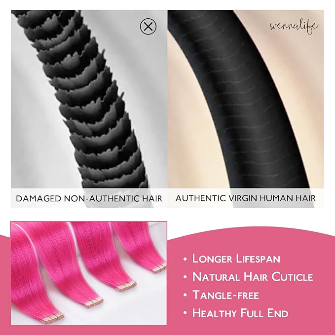 WENNALIFE Tape in Hair Extensions Human Hair Hot Pink Tape in Extensions, 10pcs 30g 20 inch Remy Invisible Tape Ins Straight Colored Soft Real Human Hair Tape in Extensions Refill Set Extensions