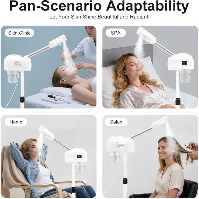 Professional Facial Steamer, 750W White Skin Care Equipment w/Wheels & LCD Panel, PTC Heating, 600ml Large Capacity Face Steamer Machine, Adjustable Height Hot Mist Steamer for Beauty Salon
