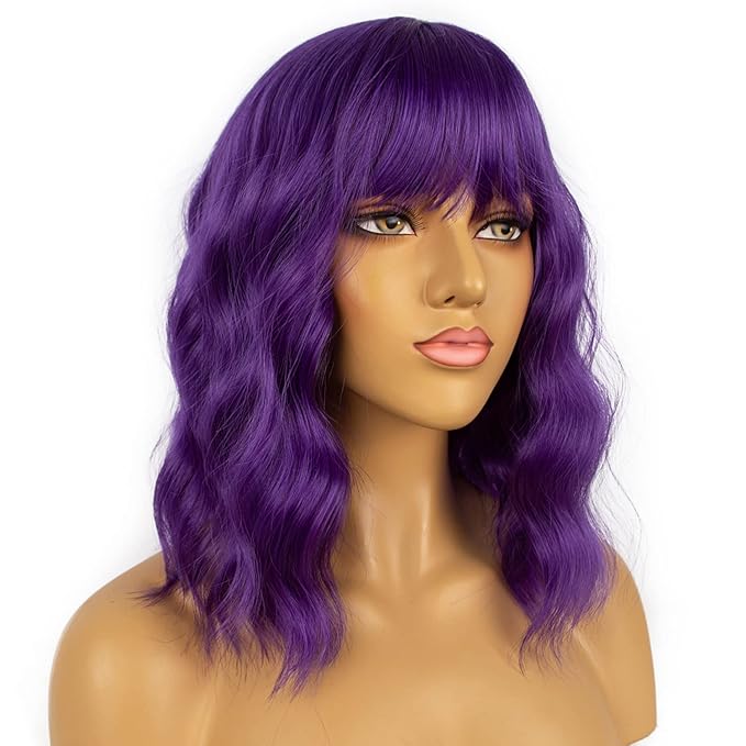Dark Purple Short Bob Wigs with Bangs for Women Loose Wavy Wig Curly Wavy Shoulder Length Bob Synthetic Cosplay Wig for Girl Colorful Costume Wigs