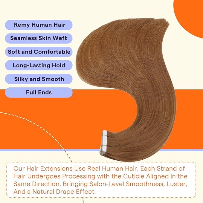 Full Shine Hair Extensions Real Human Hair Tape in Color 330 Orange Invisible Seamless Skin Weft Human Hair Tape in Extensions 16 Inch 50 Grams Straight Natural Extensions for Women Real Hair 20PCS