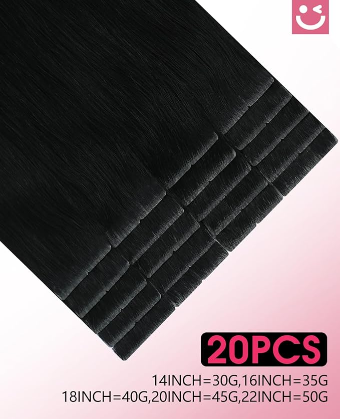 Youngsmile Injection Tape in Hair Extensions Real Human Hair, #1 Jet Black 14 Inch Invisible Edge Tape in Injected Hair Extensions, 20pcs 30g, Straight Remy Virgin Human Hair Tape ins (#1,14'')