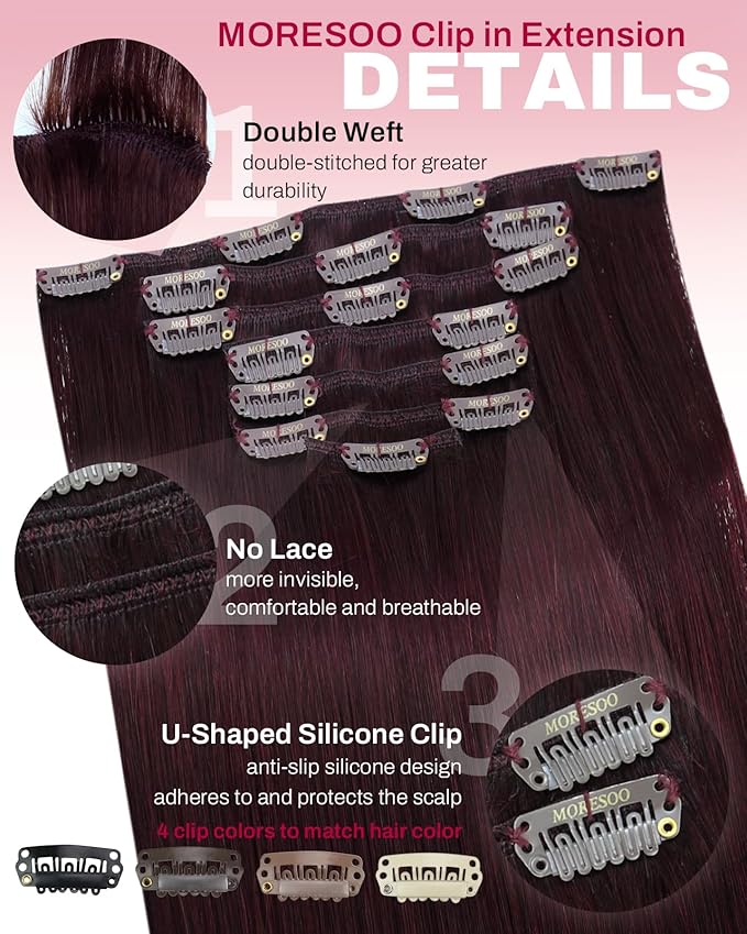 Moresoo Burgundy Human Hair Clip in Extensions Double Weft Wine Red Hair Extensions Clip in Human Hair Red Wine #99J Full Head Set 7Pieces 120G 24inch
