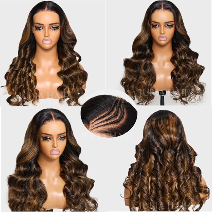 Julia Hair Bye Bye Knots Glueless Wig Highlight Balayage Brown Body Wave 7x5 Pre Cut HD Lace Front Wigs Human Hair Pre Plucked Bleached Knots Pre Everything Ready To Go Ombre Wig 24 Inch