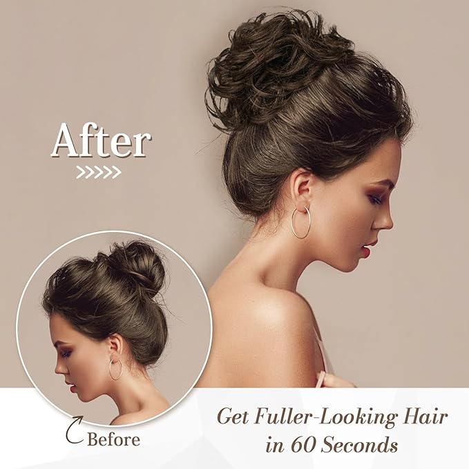 RUWISS Large Messy Bun Hair Piece 100% Human Hair Layered Wavy Curly Hair Buns Hairpiece for Women Thick Updo Hairpiece for Daily Wear Real Hair Scrunchies Brown Black Ponytail Extension