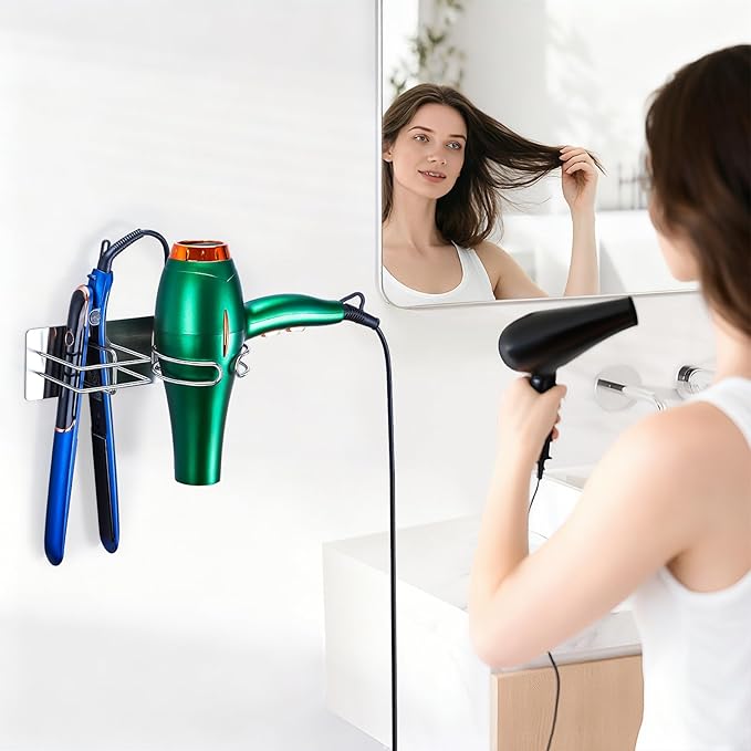 Hair Dryer and Straightener Holder Wall Mounted, Self Adhesive Blow Dryer and Flat Iron Storage Hair Tool Organizer for Bathroom Vanity (Silver)