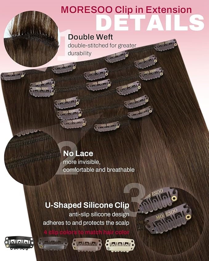 Moresoo Human Hair Clip in Extensions Medium Brown Hair Extensions Clip ins Real Human Hair Brown Long Double Weft for Women Straight 120g/7pcs 16in