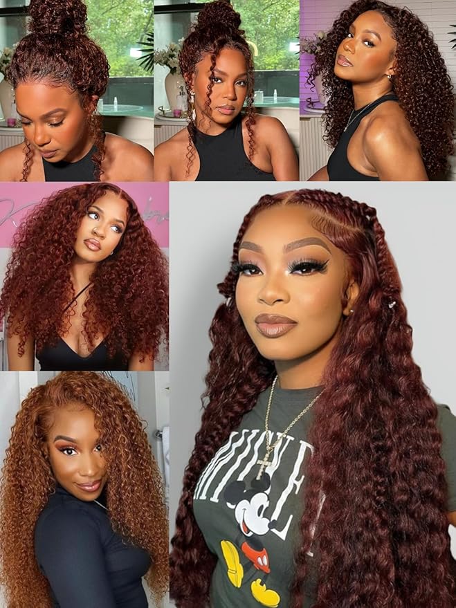 Julia Hair Reddish Brown Glueless Jerry Curly Human Hair Invisi-Drawstring Wig Auburn Pre Cut 7x5 Lace Front Wigs Pre Plucked Bleached Pre Cut Lace Closure Natural Hairline Put On and Go 20 Inch