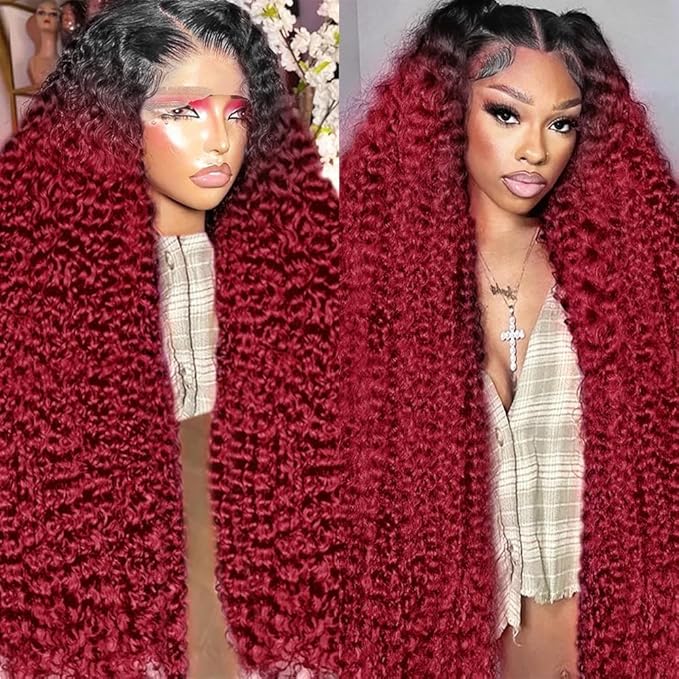 AMIRTY 30Inch 250 Density Burgundy Deep Wave Lace Front Wigs Human Hair Pre Plucked Wigs 13x6 1B/99J Water Wave Human Hair for Women Drawstring Wig Human Hair13x6 HD Burgundy Deep Human Hair Wig