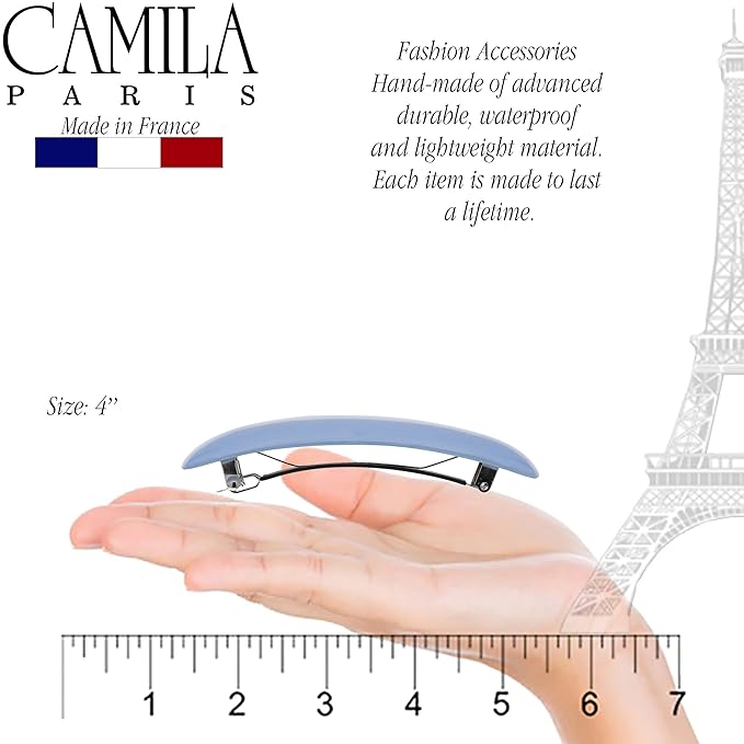 Camila Paris CP3441 French Hair Barrette Clip for Girls, Blue, Rubberized Automatic Clasp Strong Hold Grip Hair Clips for Women, No Slip and Durable Girls Hair Accessories, Made in France