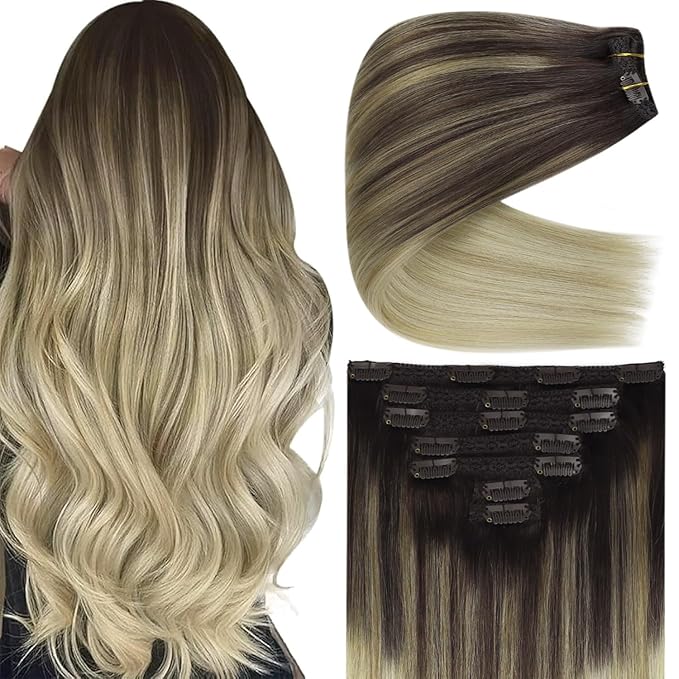 Ve Sunny Clip in Human Hair Extensions Ombre Clip on Hair Extensions Real Human Hair Extensions Clip ins Dark Brown Ombre Dark Golden Blonde Balayage Light Blonde for Women 120g 7pcs 16inch