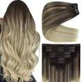 Ve Sunny Clip in Hair Extensions, Human Hair Clip in Extensions, Clip on Hair Extensions for Women, Dark Brown Ombre Golden Blonde Mix Platinum Blonde Straight Hair Extensions 7pcs 24inch 120g