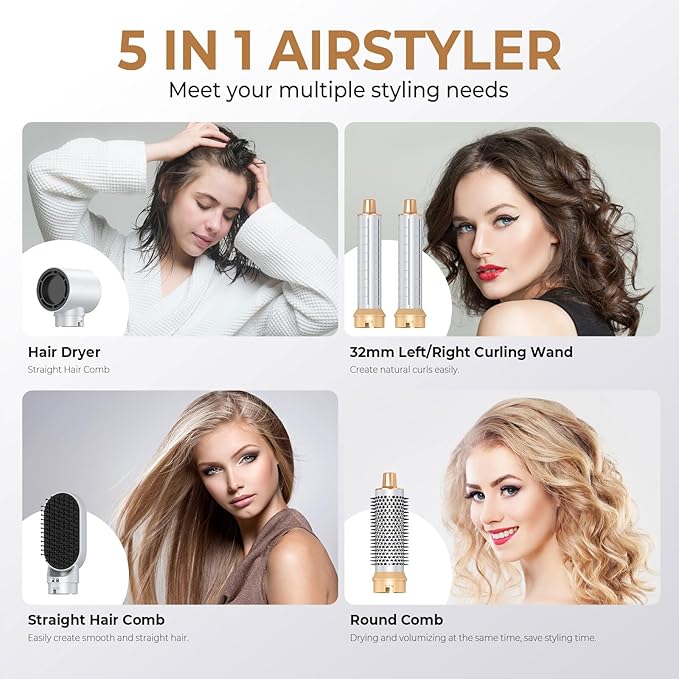 Blow Dryer Brush 5 in 1, Negative Ion Hair Dryer Brush Set Upgrade Hot Air Brush Air Styler Curling Wrap Air Curler, Curling Iron Hair Styling Tools As A Gift for Straight/Curl/Drying/Smoothing
