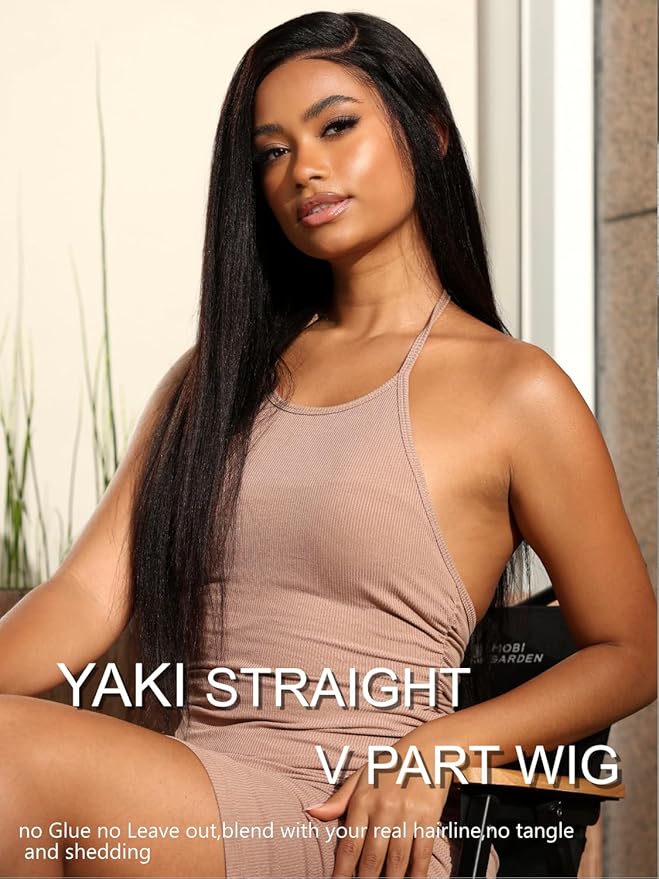 YIROO V Part Wig Yaki Straight Human Hair Wigs for Black Women Upgrade Upart Wig No Leave Out 12A Glueless Kinky Straight V Shape Clip in Half Wig No Glue No Sew Beginner Friendly 180% Density 26 Inch