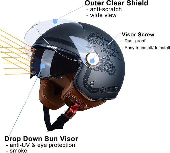 Open Face Motorcycle Helmet for Adults, DOT Approved,3/4 Retro Vespa Helmet, Dual Visors Men's and Women's Motorbike Casco for Moped Cruiser Bobber and Chopper