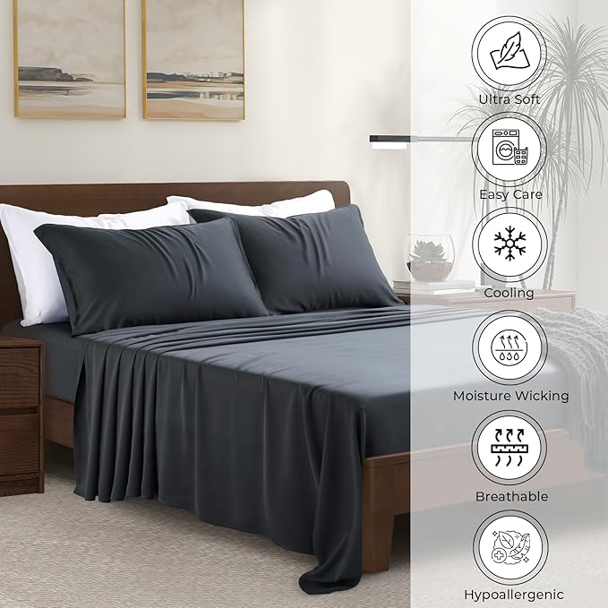 Luxury Bamboo Market | King Envelope Pillowcase Set | 100% Viscose Made from Bamboo | Organically Grown | Ultra Soft | Cooling | 2pcs [Charcoal Grey]