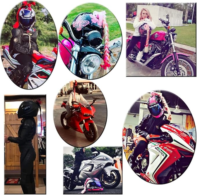 Helmet Pigtails Gradient Ramp Helmet Curly Ponytail Helmet Hair with Suction Cup for Motor Bike 2PCS (Helmet not Included) (Black deep red)
