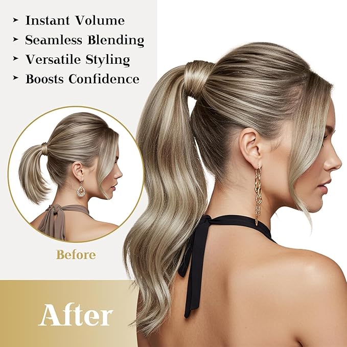 Ve Sunny Hair Extensions Ponytail Real Human Hair Wrap Around Clip in Ponytail Hair Extensions Straight Extensions Human Hair for Women Light Brown Highlights Platinum Blonde 18inch 80G