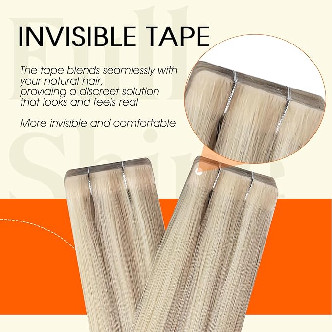 Full Shine Remy Injected Tape Hair Extensions Real Human Hair Color 18/613 Natural Blonde Shades Injection Tape in Extensions 18Inch Long Invisible Adhesive Extension 50Gram 20Pcs Reusable