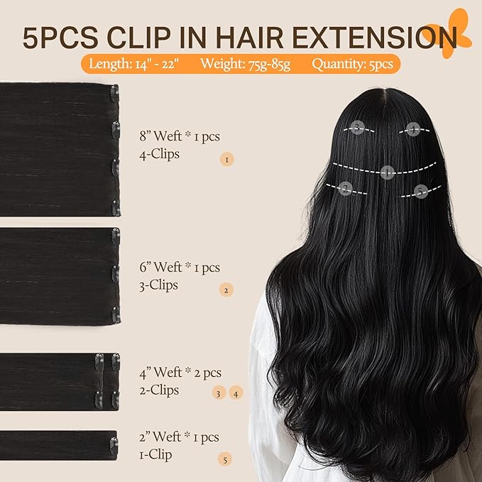 DOORES Hair Extensions Clip in, 5pcs 75g 16 Inch Natural Black Clip in Human Hair Extensions Real Natural Hair Extensions Straight