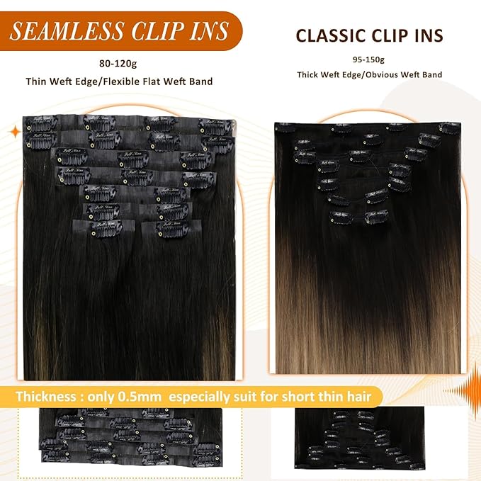Full Shine Clip in Hair Extensions Black Ombre Real Hair Clip in Extensions Balayage Light Brown Mix Blonde Seamless Hair Extension Softness 18 Inch 8 PCS 120 G