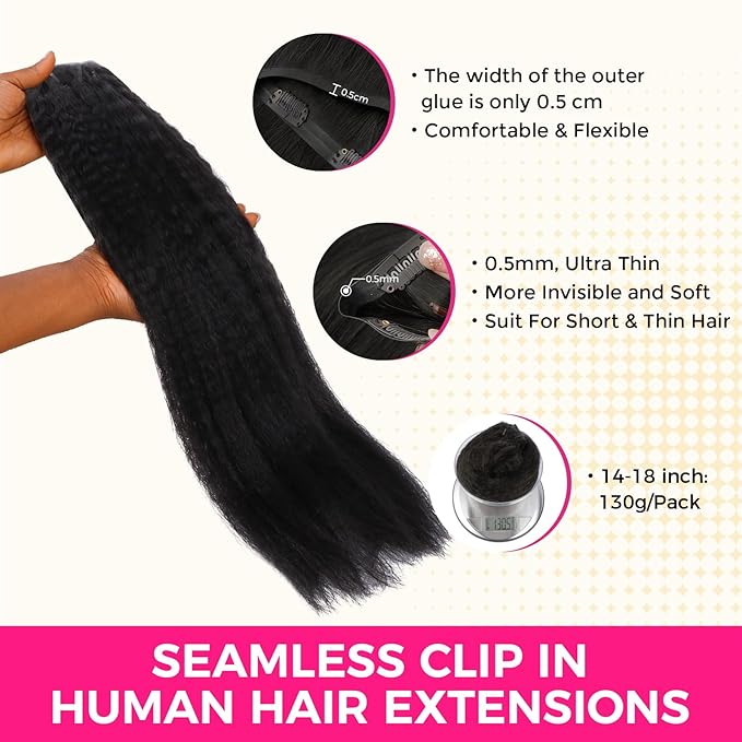 Lashey Seamless Clip in Hair Extensions Human Hair 130g 18 Inch 9pcs #1 Jet Black Kinky Straight Full Pack Clip in Hair Extensions for Women